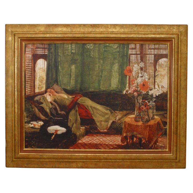 Orientalistisches Gemälde eines schlafenden Haremsmädchens, Antiquität, 32 x 40 Zoll