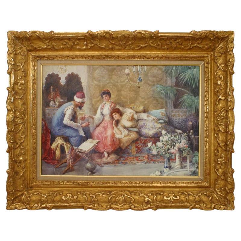 Victorian Hand-Painted Orientalist Painting of Three Figures