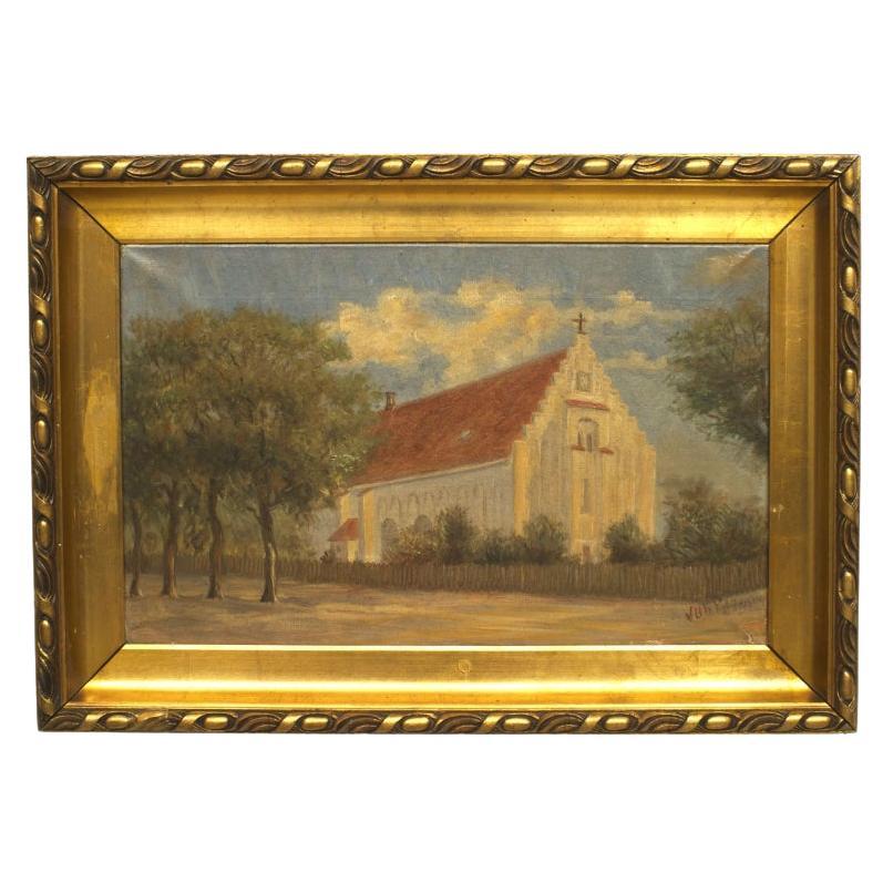 American Country Church Landscape Painting, 19th Century, Hand-Crafted For Sale