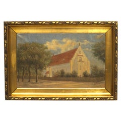 American Country Church Landscape Painting, 19th Century, Hand-Crafted
