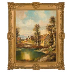 Französische impressionistische Landschaftsmalerei mit Häusern am Teich, 32 x 38,75\