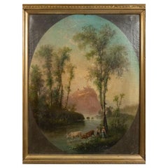 Victorian Oil Painting of Figures with Cows, Late 19th Century, Framed