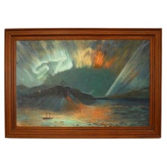 Aurora Borealis Landscape Painting, Hand-Painted, Late 20th Century