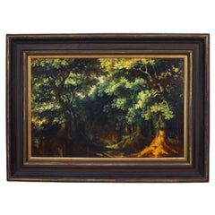 Paysage boisé de style Biedermeier peint à la main, fin du XXe siècle