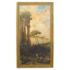 Paysage italien peint à la main, style Napoléon III, fin du XXe siècle