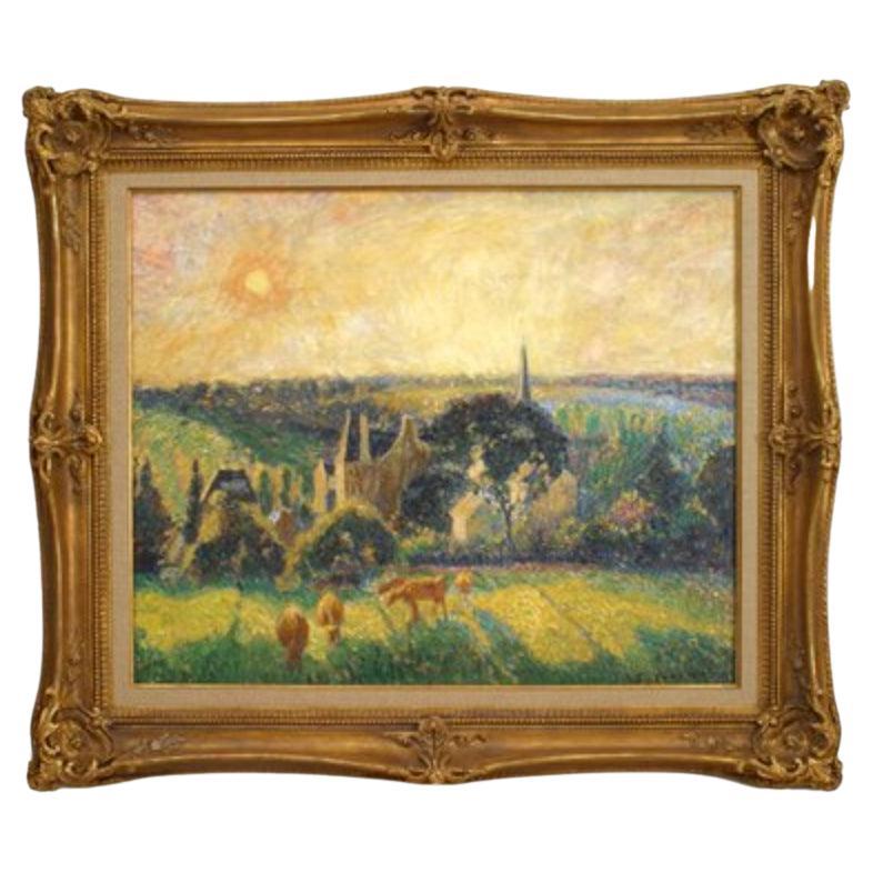 Victorian Style Eragny Landscape Painting, Late 20th Century