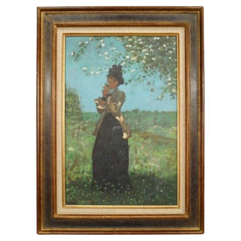 Victorian Style Yellow Jacket Landscape Painting, Hand-Painted, USA For Sale