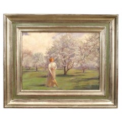 Paesaggio impressionista raffigurante una donna dell’epoca edoardiana in un frutteto, 14x17 pollici