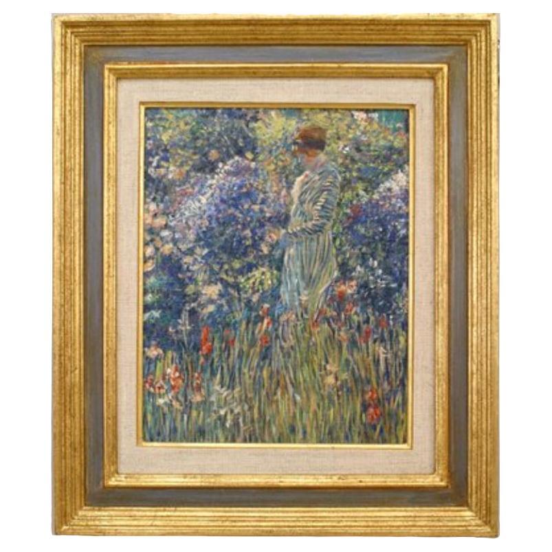 Lady in Garden Impressionist Painting, Hand-Painted, Victorian, USA
