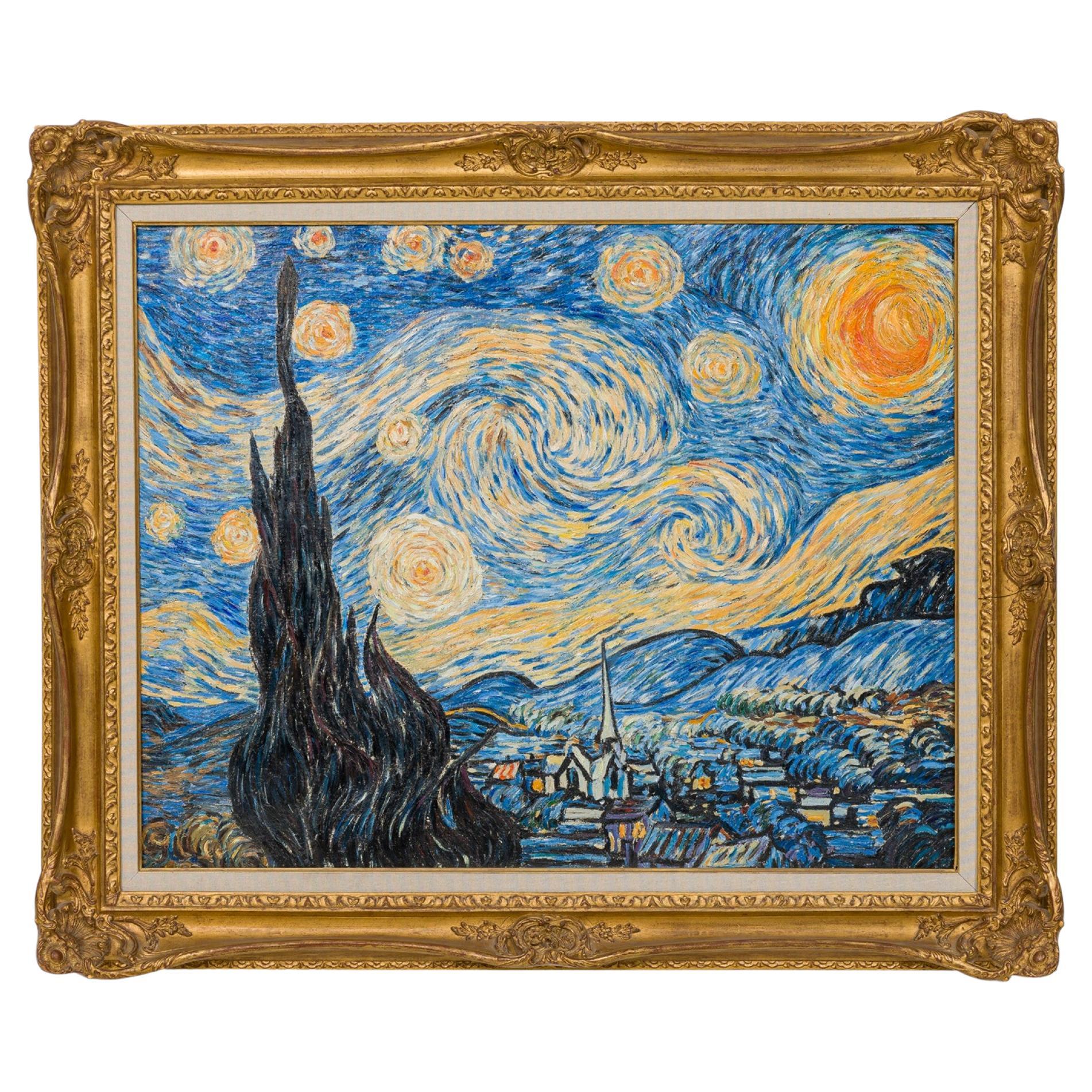 Starry Night Landscape Painting, Victorian Style, Late 20th Century