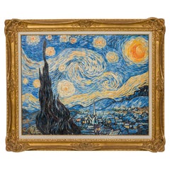 Starry Night Landscape Painting, Victorian Style, Late 20th Century