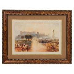 Landscape of a Castle on a Hill, Impressionist Watercolor Painting