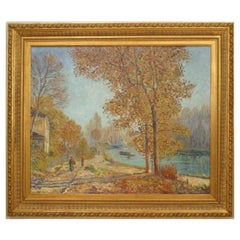 Autumn Canal Edge Painting, Hand-Painted, Victorian Style, USA