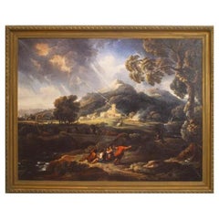 Landscape Painting of People Watching Lightning, Antique, 57x71 Inches