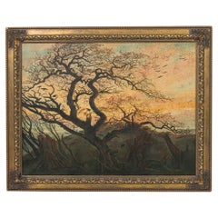 Tree With Crows Landscape Painting, Biedermeier, Hand-Painted, Germany