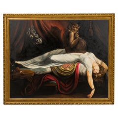 Devil and Sleeping Woman Painting, Hand-Painted Mid-Century Modern