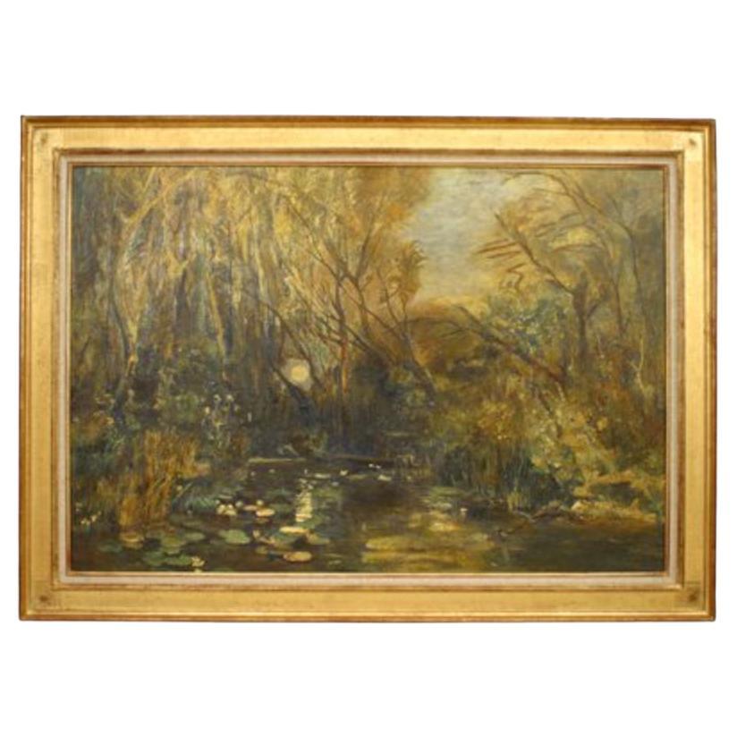 Monlandschaft Hand-Painted Landscape, Biedermeier, Late 20th Century For Sale