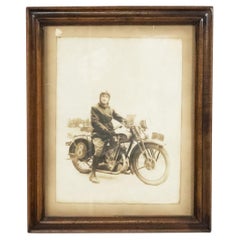 Vintage Man on Motorcycle Photograph, Sepia, 20th Century, Framed