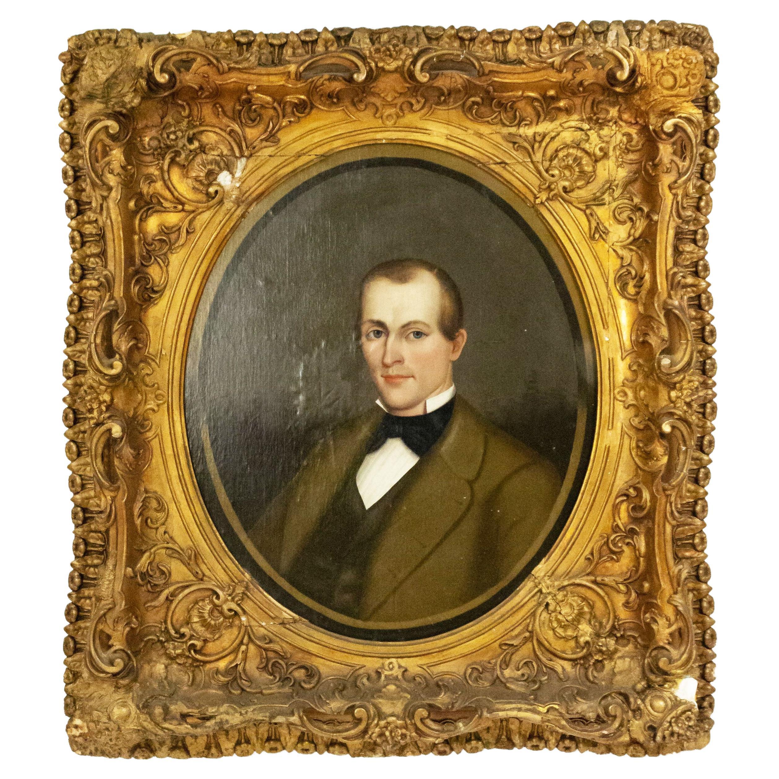 Portrait à l'huile de style victorien représentant un homme en costume marron, XIXe siècle