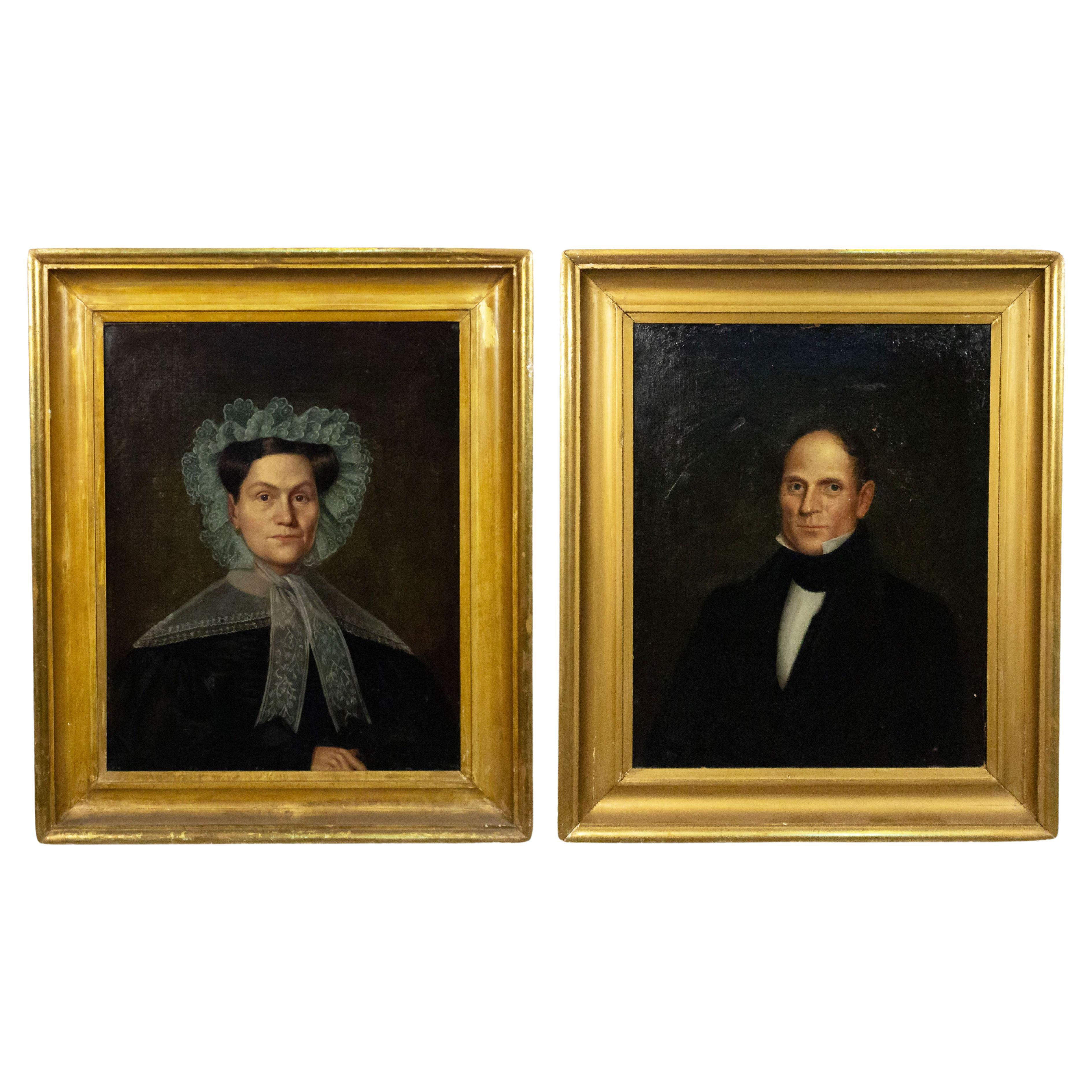19th Century Gilt Framed Oil Paintings of Lady and Man Portraits
