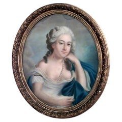 Victorian Lady in Blue Portrait, Pastel on Paper, Gilt Frame, 29x26\"