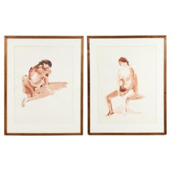 Mid-Century Modern American Beige Watercolor Figures in Oak Frame
