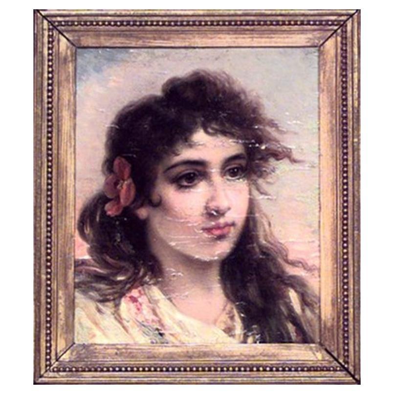 Victorian Portrait of Lady with Flower, Oil on Canvas, 19th Century