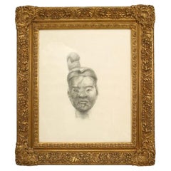 Asian Woman Portrait in Charcoal, Victorian Style, Late 20th Century