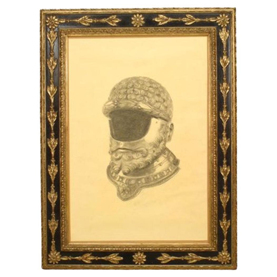 Helmet of Warrior Charcoal Drawing, Medieval Armor, 36x27 Inches For Sale