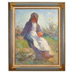 Victorian Hand-Painted Artwork of Young Girl Gathering Flowers, 34x28