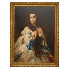 Madame Rimsky Hand-Painted Biedermeier Portrait, Late 20th Century