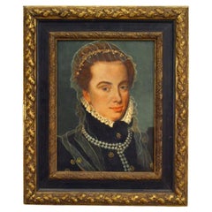 Victorian Hand-Painted Portrait of a Collared Woman, Late 20th Century