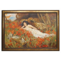 Lady with Leopards Antique Copy Painting, Classical Style, 50x70 in