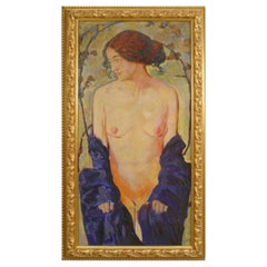 Standing Nude with Blue Robe, Hand-Painted, Biedermeier, Austria
