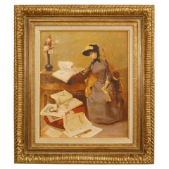 Hand-Painted Victorian Scene Portrait, Late 20th Century, 27x24 Inches