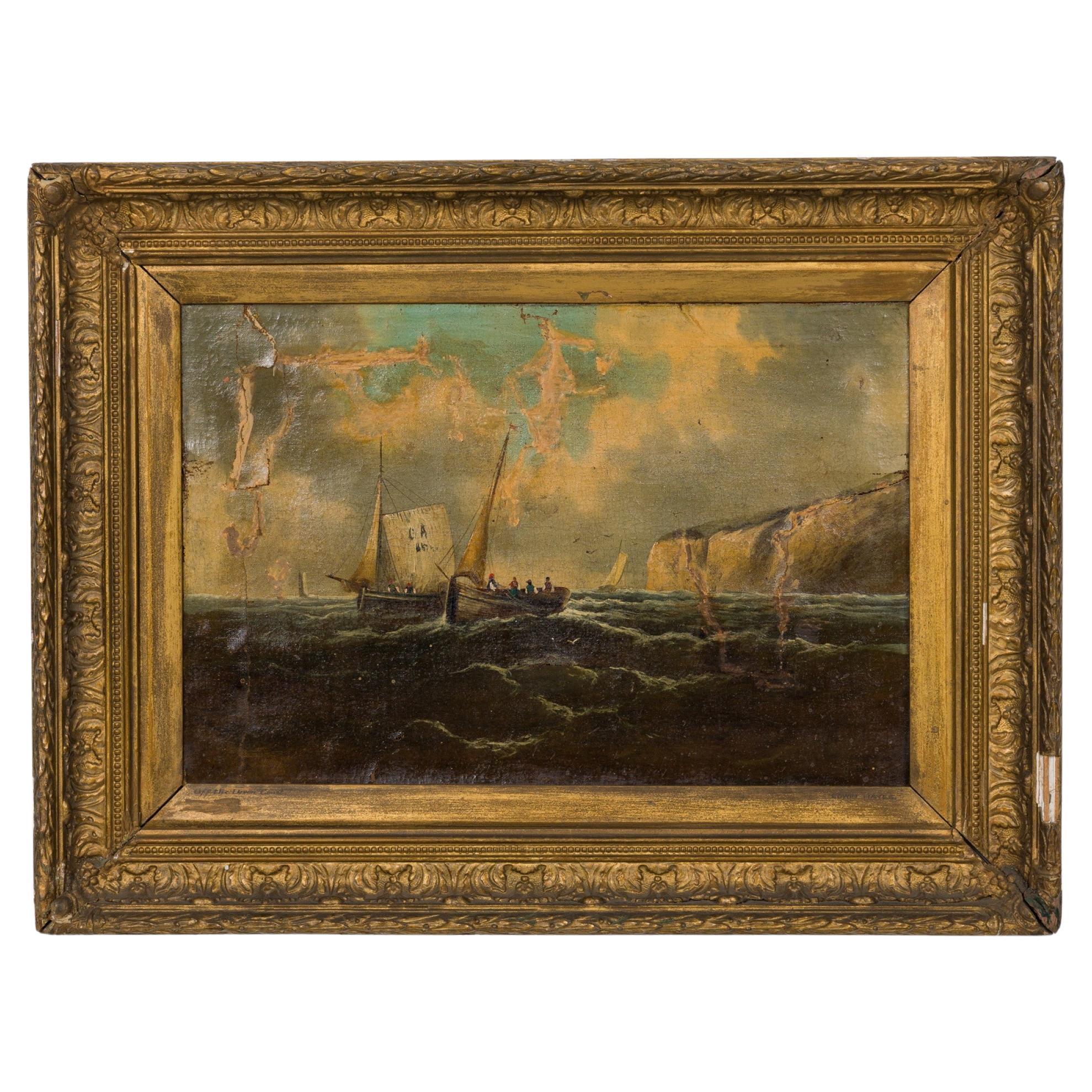 Pintura inglesa victoriana con marco dorado de un paisaje marino con barcos y acantilados