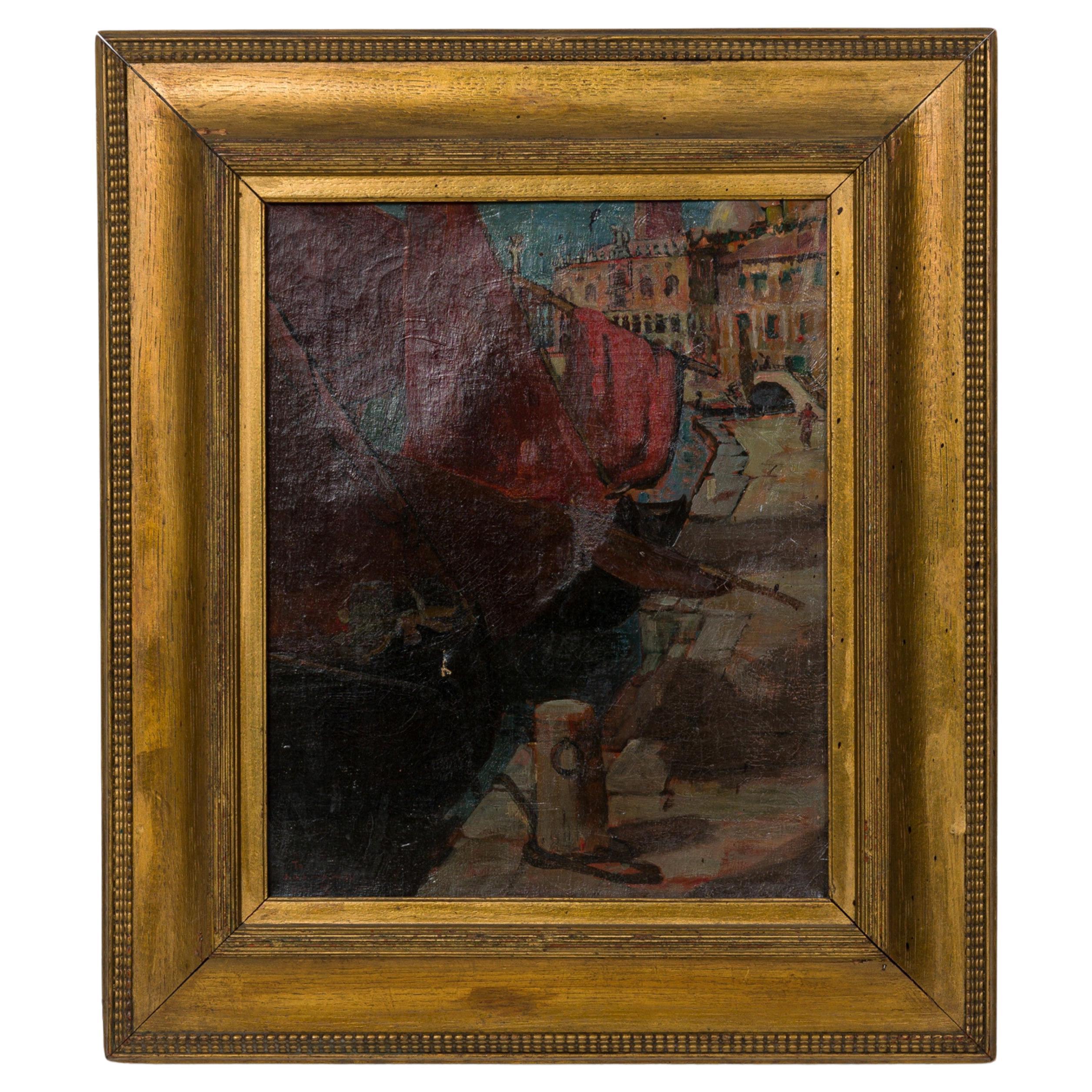 Pintura italiana de un paisaje marino veneciano, con marco dorado, estilo barroco, siglo XIX en venta