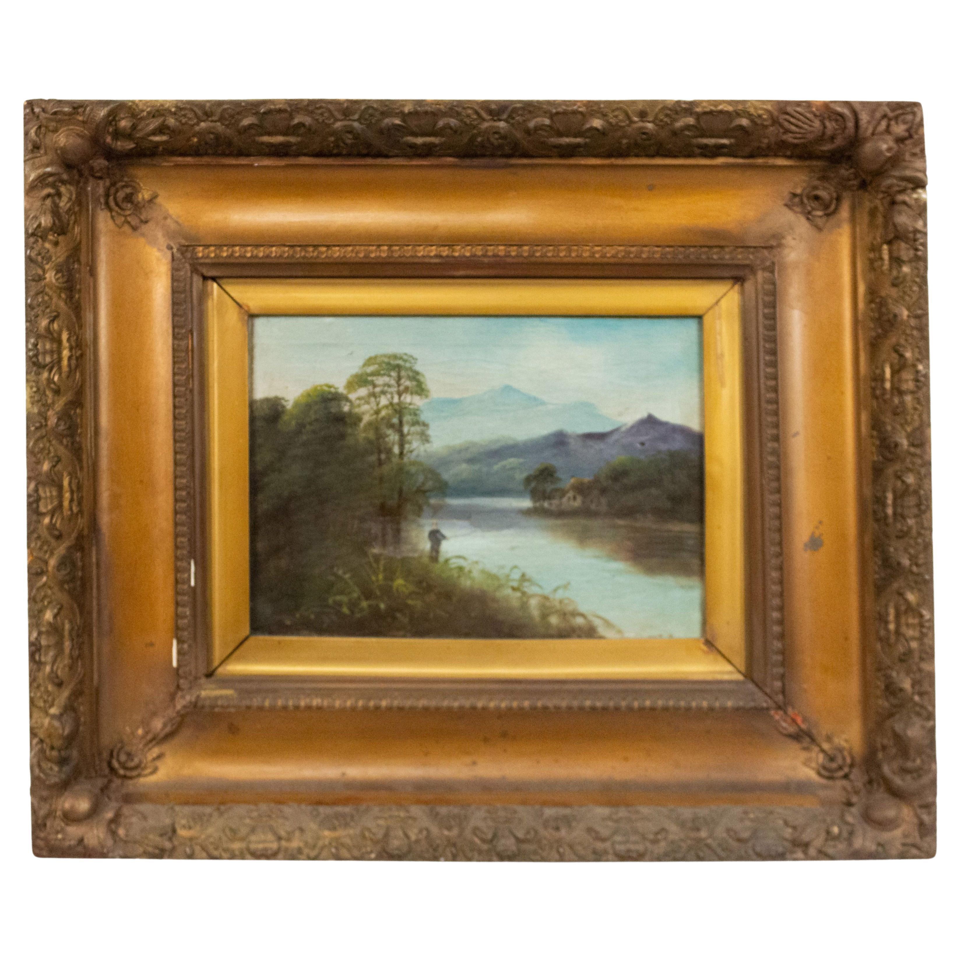 Pintura victoriana inglesa Pescador junto a un lago