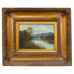Pintura victoriana inglesa Pescador junto a un lago