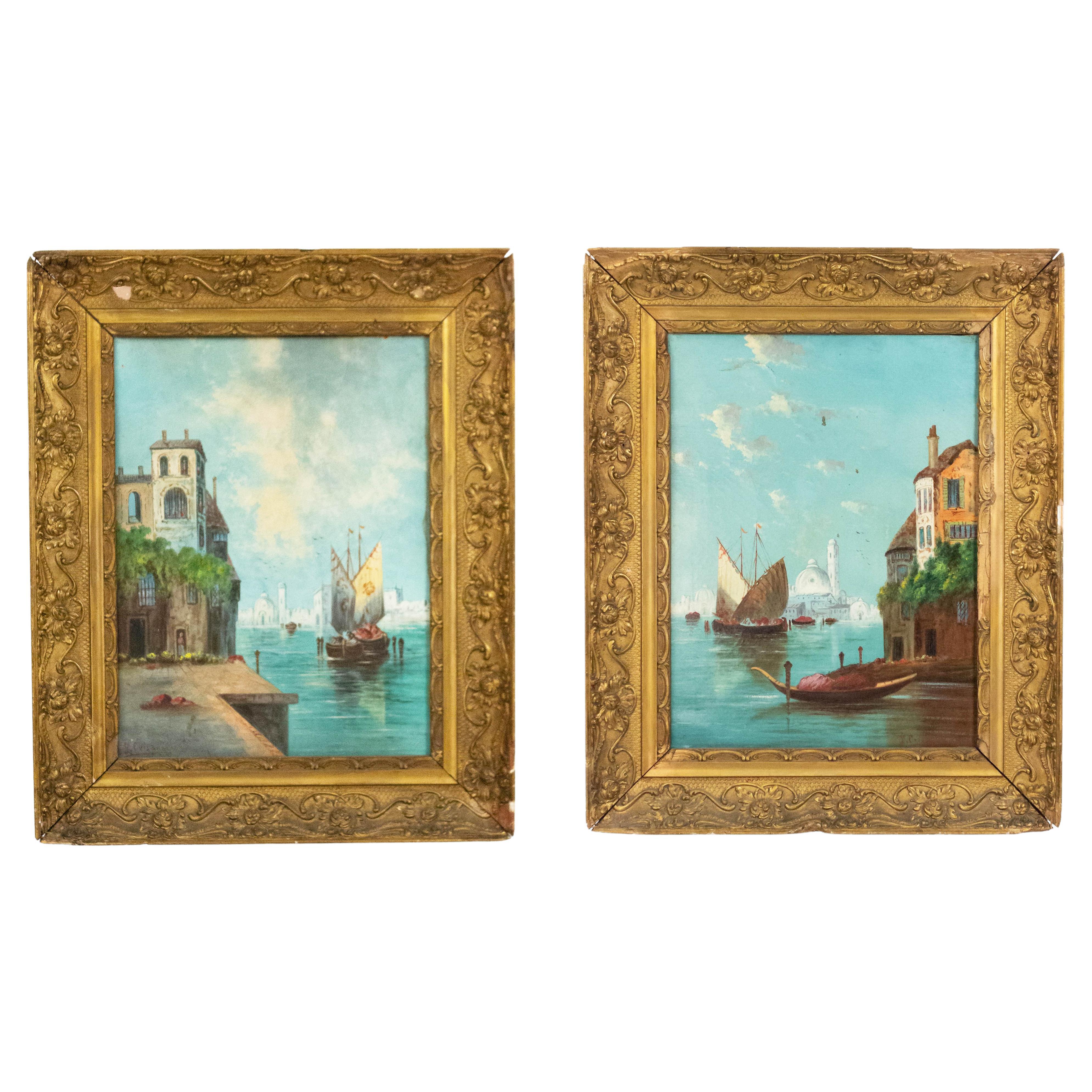 Pair of 19th Century Italian Venetian Canal Paintings, Baroque Style