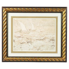 Fishing Boats Near Saintes Maries Seascape Painting, Gold Ink, 16x19\"