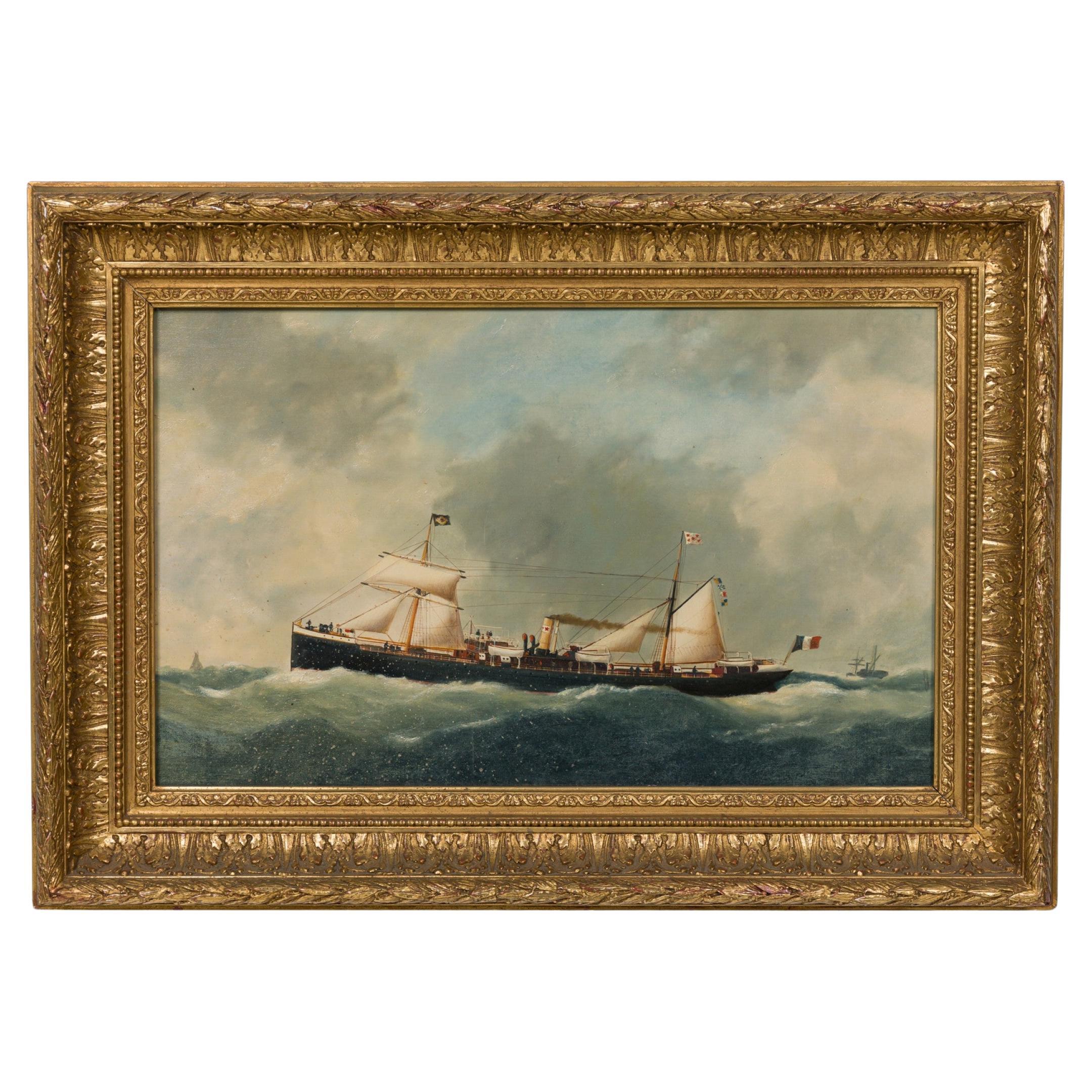 Hand-Painted Victorian Seascape Steamer One, Late 20th Century