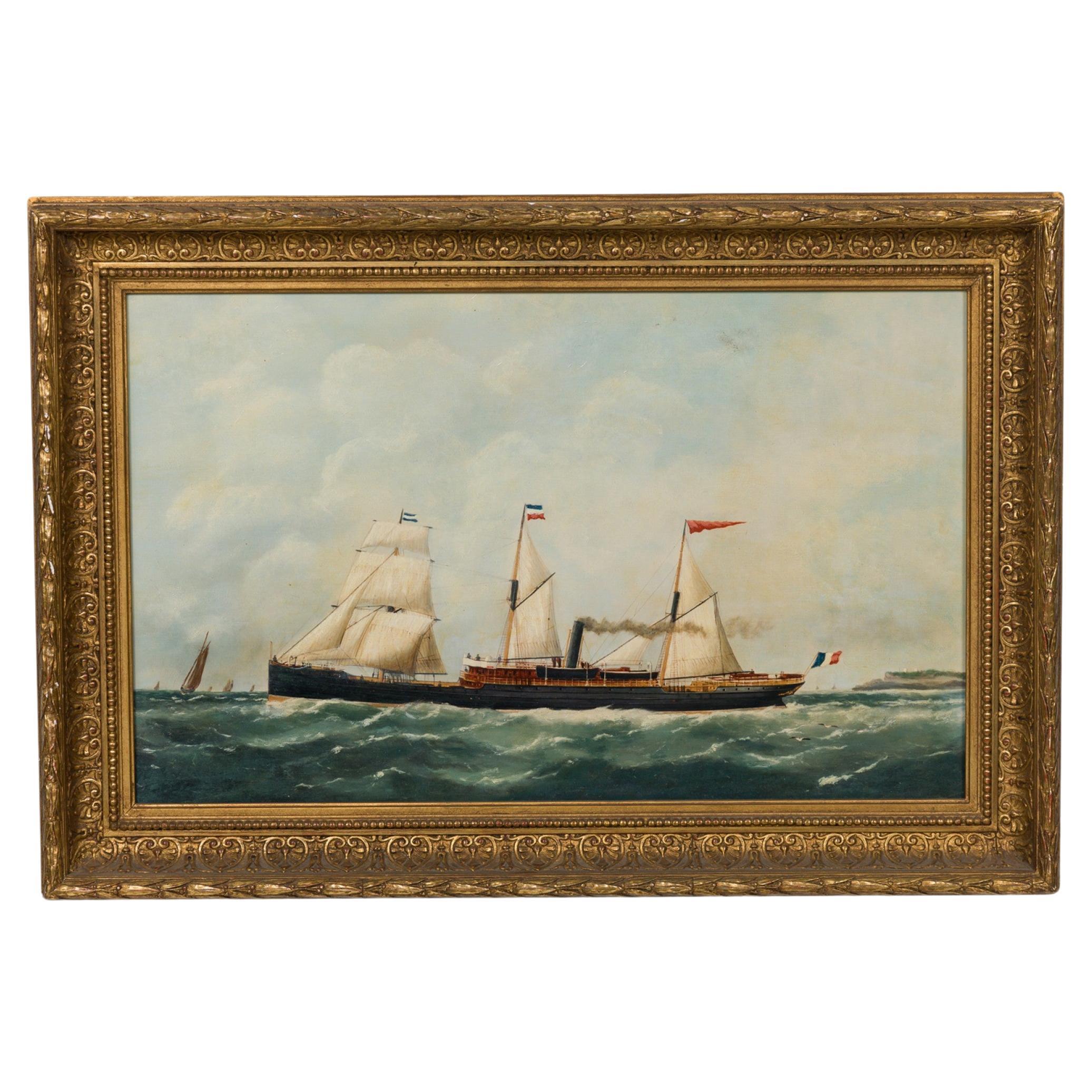 Hand-Painted Victorian Seascape Steamer Painting, Late 20th Century