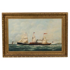 Hand-Painted Victorian Seascape Steamer Painting, Late 20th Century