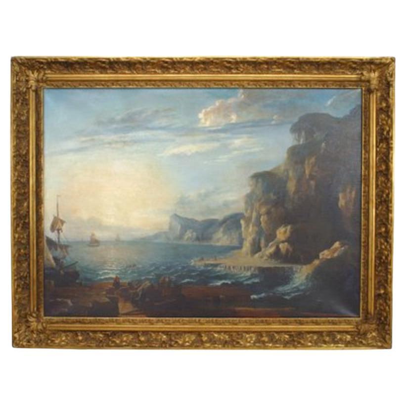 Antique Ship in Harbor Seascape Painting, 33x44 Inches, Good Condition For Sale