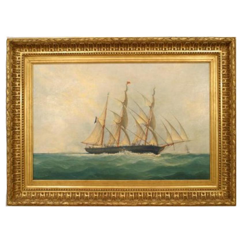 Seascape Ship Painting, Hand-Painted, Napoleon III Style, 26x37 IN For Sale