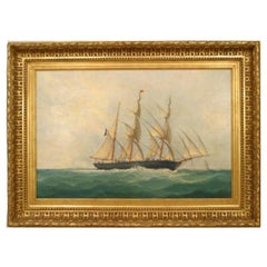Seascape Ship Painting, Hand-Painted, Napoleon III Style, 26x37 IN