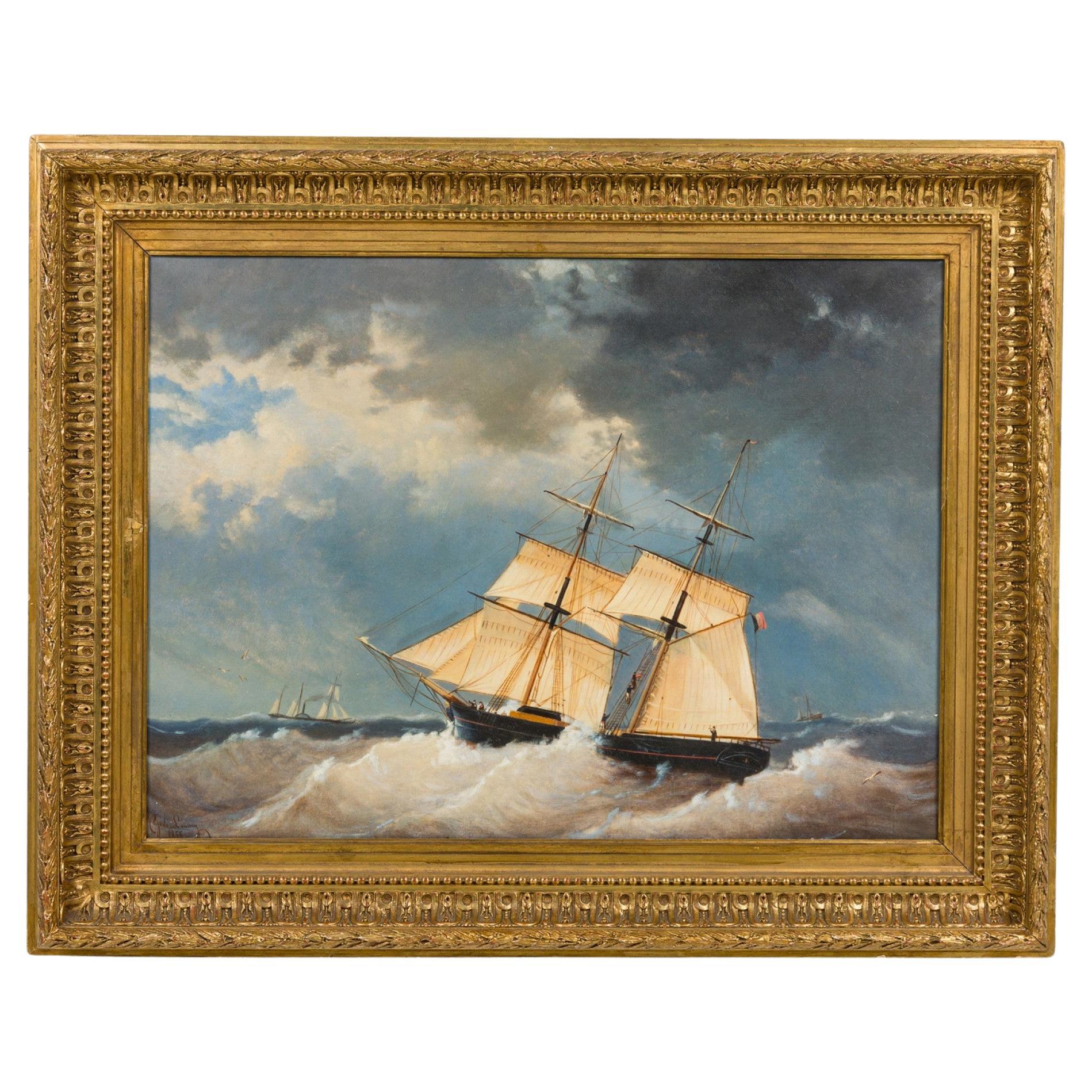 Stormy Sky Tall Ship Seascape, Hand-Painted, Late 20th Century