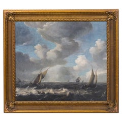 Ships Under Sail Seascape, Hand-Painted Biedermeier, Late 20th Century