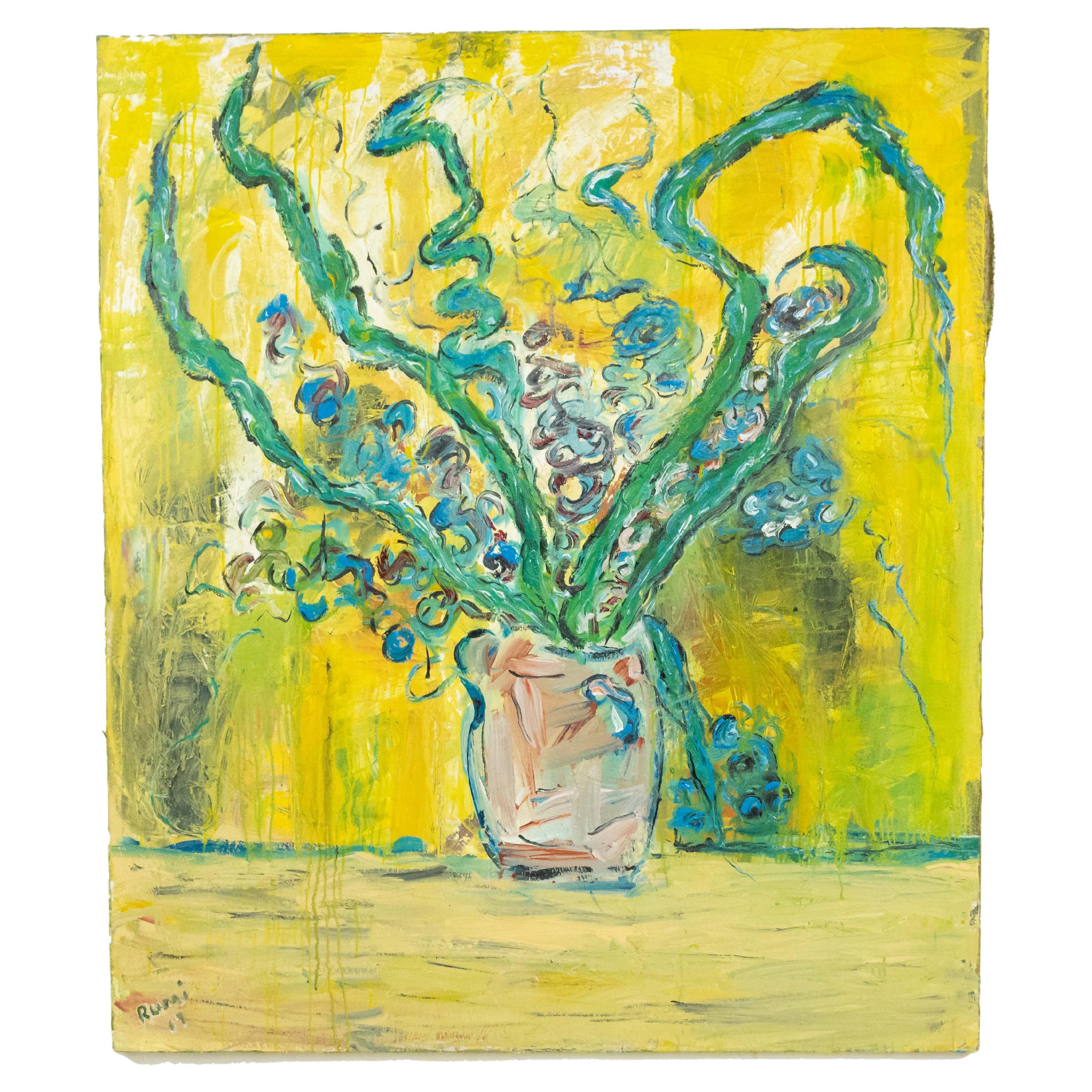 Irises Still Life Painting, Acrylic on Canvas, 72x48, Yellow For Sale
